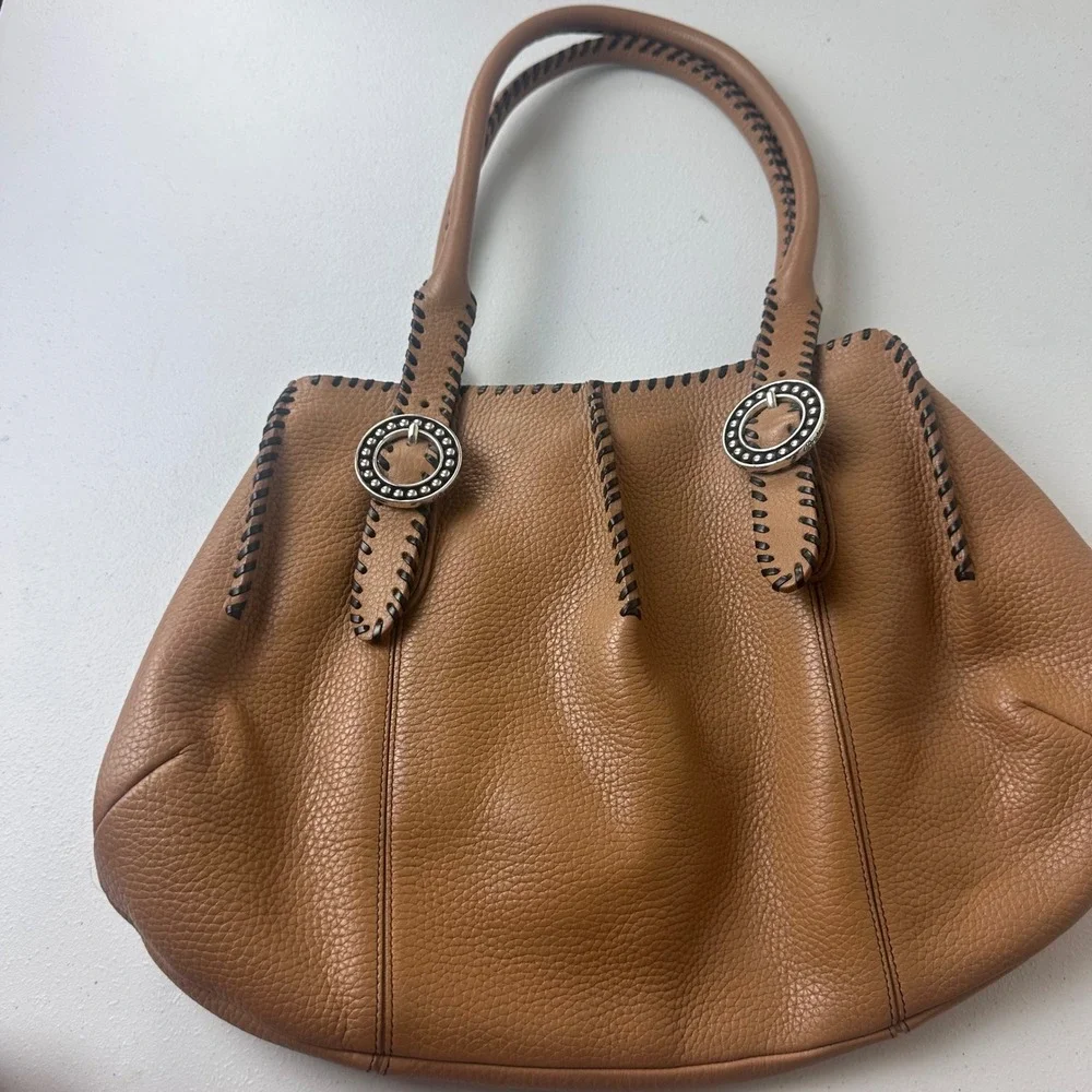 Brighton Shoulder Bag Womens Medium Tan Leather Whipstitch Silver Hardware Boho